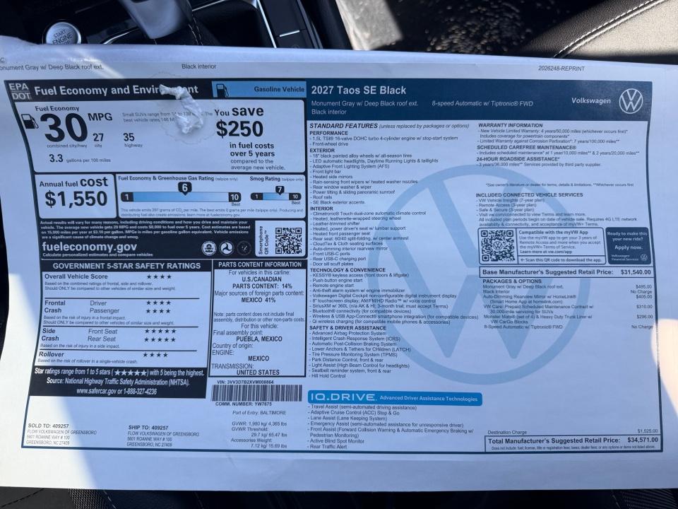 2027 Volkswagen Taos SE Black