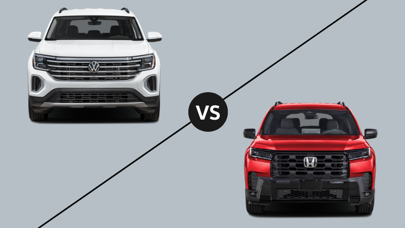White 2026 Volkswagen Atlas next to a red 2025 Honda Pilot