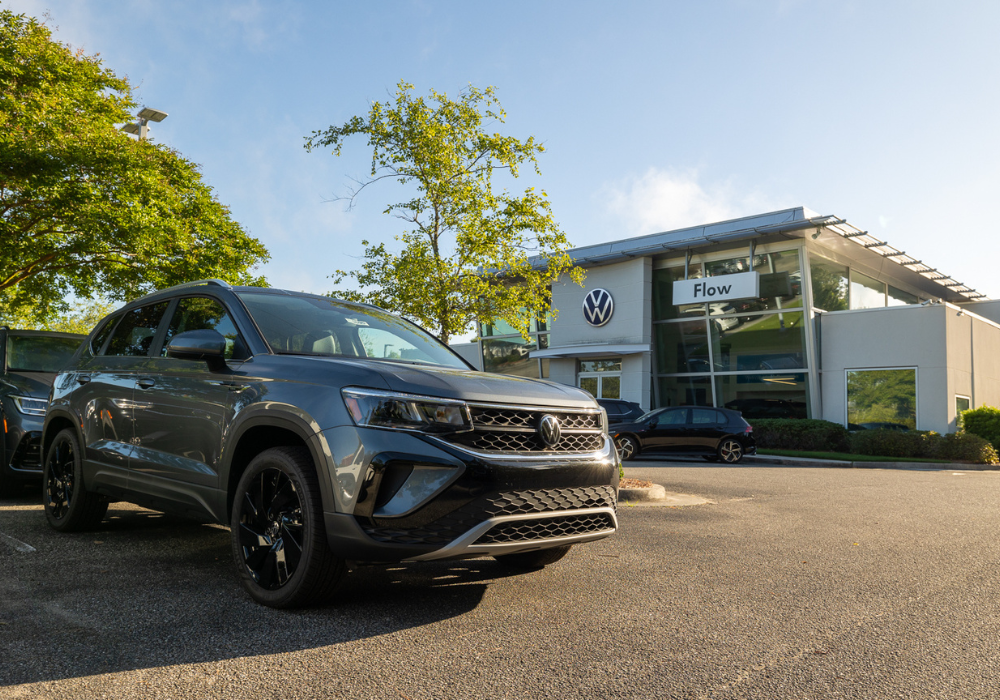 Volkswagen SUV parked in front of the Flow Volkswagen of Wilmington dealership