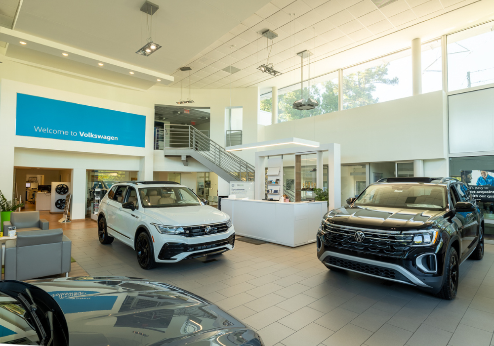 Interior of the Flow Volkswagen of Wilmington dealership showroom